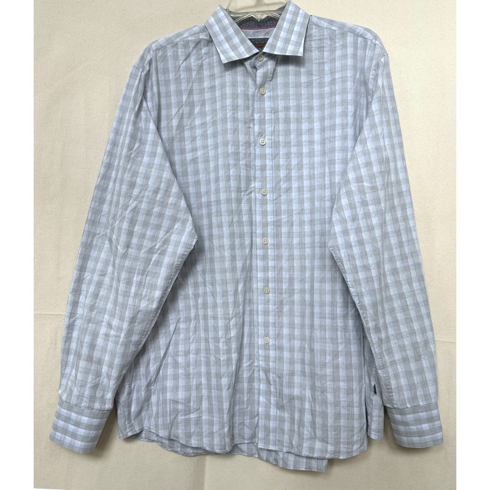 James Tattersall Mens XL 17-171/2 Blue Grey Plaid Check Cotton Button Down Shirt